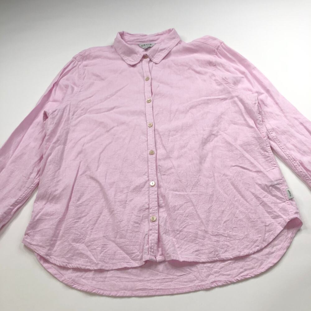 Orvis XL Linen Rayon Button Short Sleeve Shirt Pink PLS READ STAIN